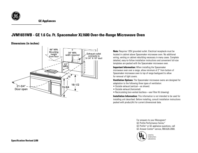 Página 1 del manual Ficha técnica GE JVM1651WB