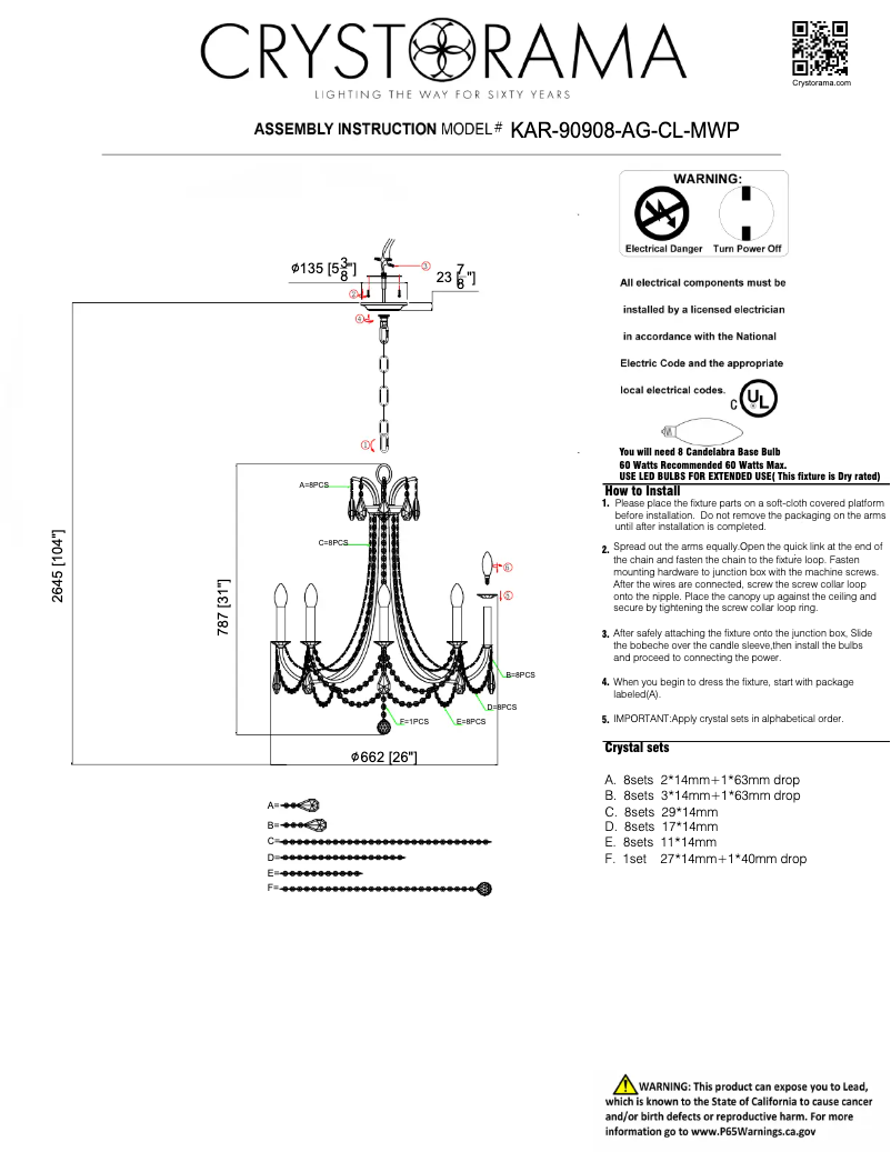 Page 1 de la notice Manuel utilisateur Crystorama Karrington KAR-90908-AG-CL-MWP
