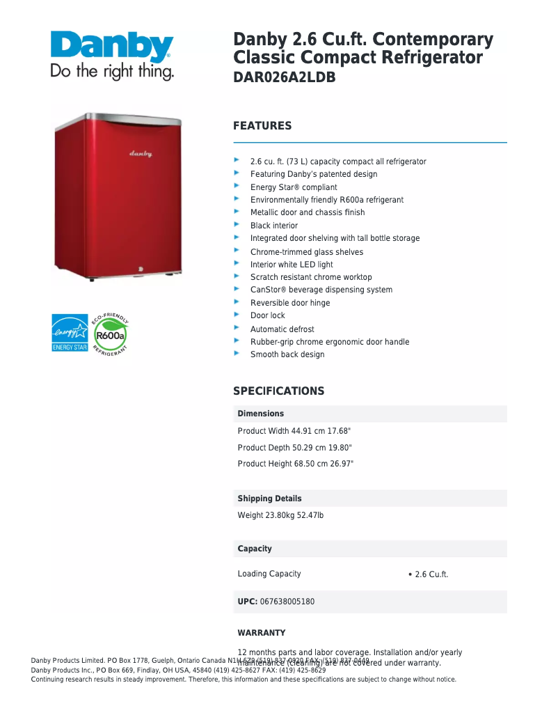 Page n°1 - Fiche technique Danby DAR026A2LDB