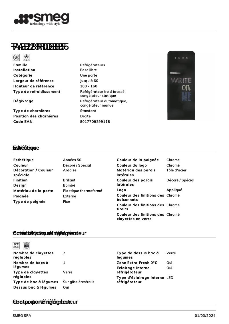 Page 1 de la notice Fiche technique Smeg FAB28RDBB5