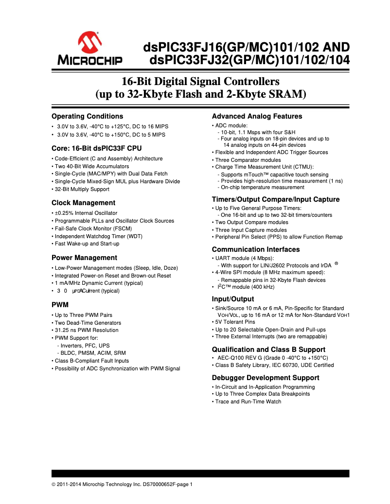 Page 1 de la notice Fiche technique Microchip dsPIC33FJ16MC102
