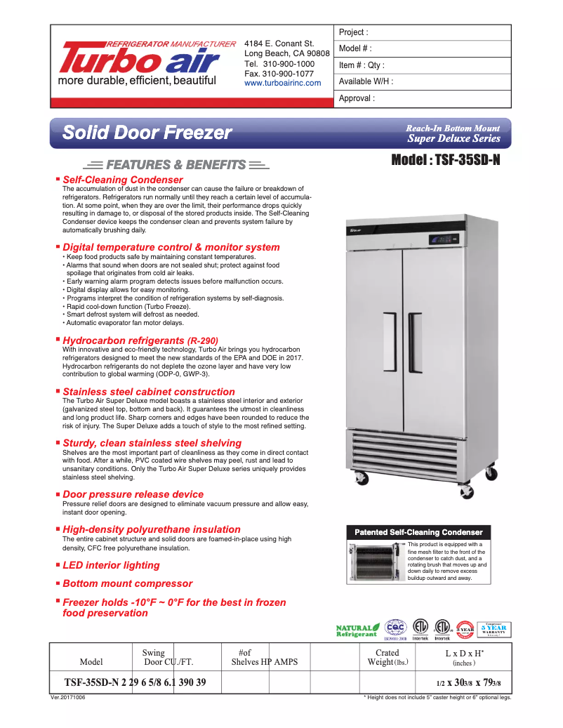 Página 1 del manual Ficha técnica Turbo air TSF-35SD