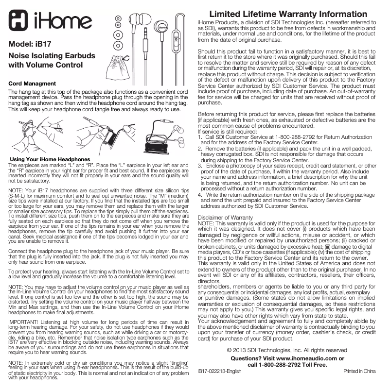 Page n°1 - Manuel utilisateur iHome iB17R