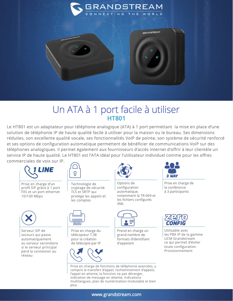 Page 1 de la notice Fiche technique Grandstream HT801