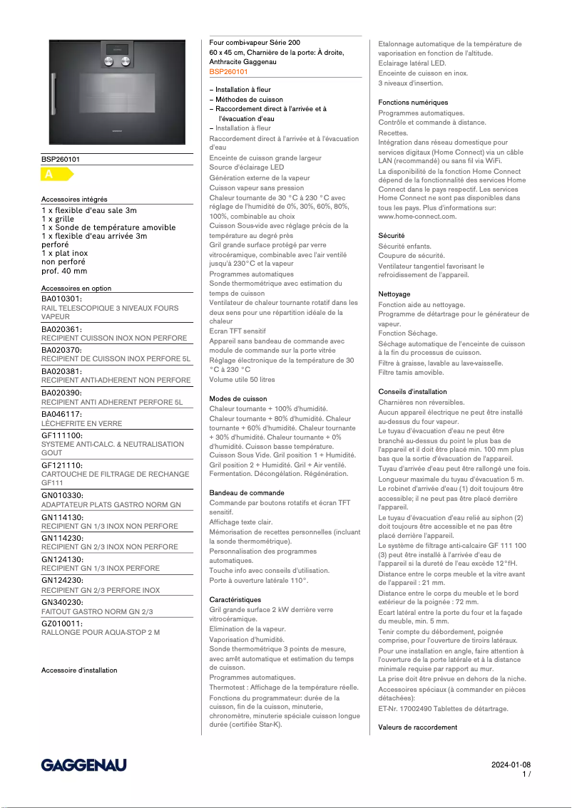 Página 1 del manual Ficha técnica Gaggenau BSP260101