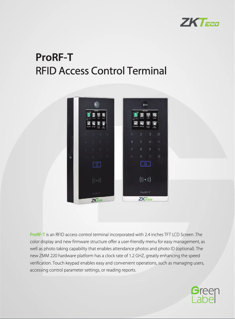 Page 1 de la notice Fiche technique ZKTeco ProRF-T