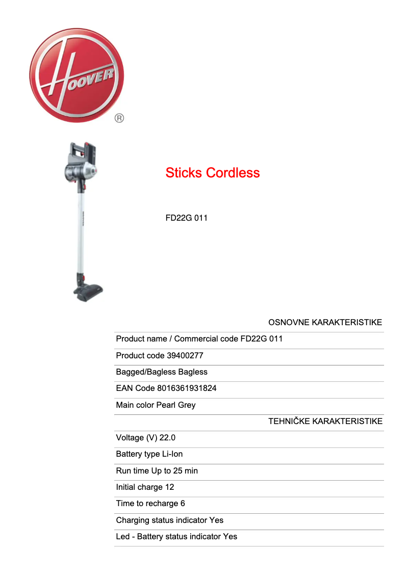 Page 1 de la notice Fiche technique Hoover Freedom FD22G 011