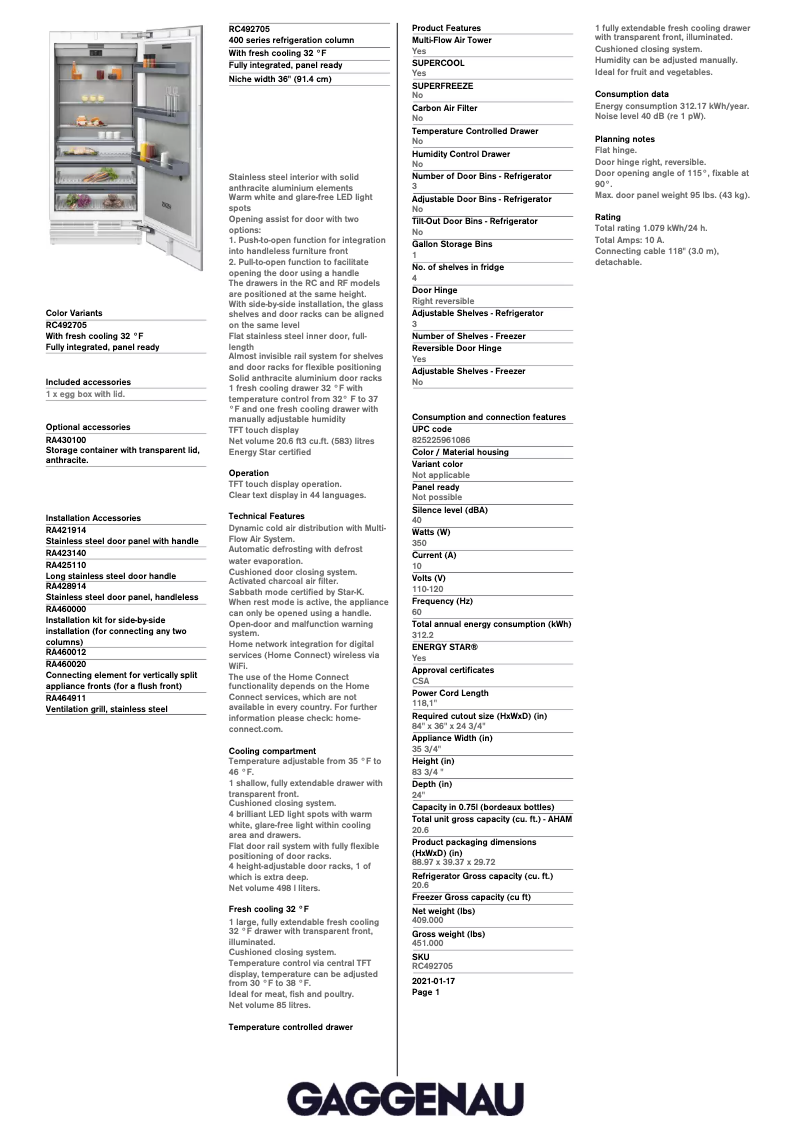 Page 1 de la notice Fiche technique Gaggenau RC492705