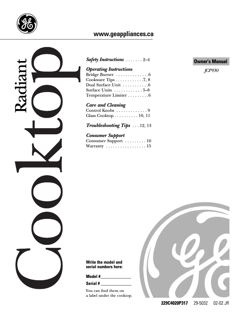 Page 1 de la notice Manuel utilisateur GE JCP930TCWW