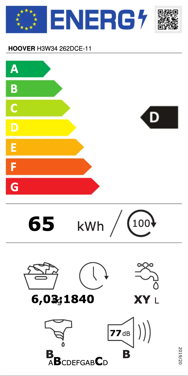 Page 1 de la notice Label énergétique Hoover H3W34 262DCE-11