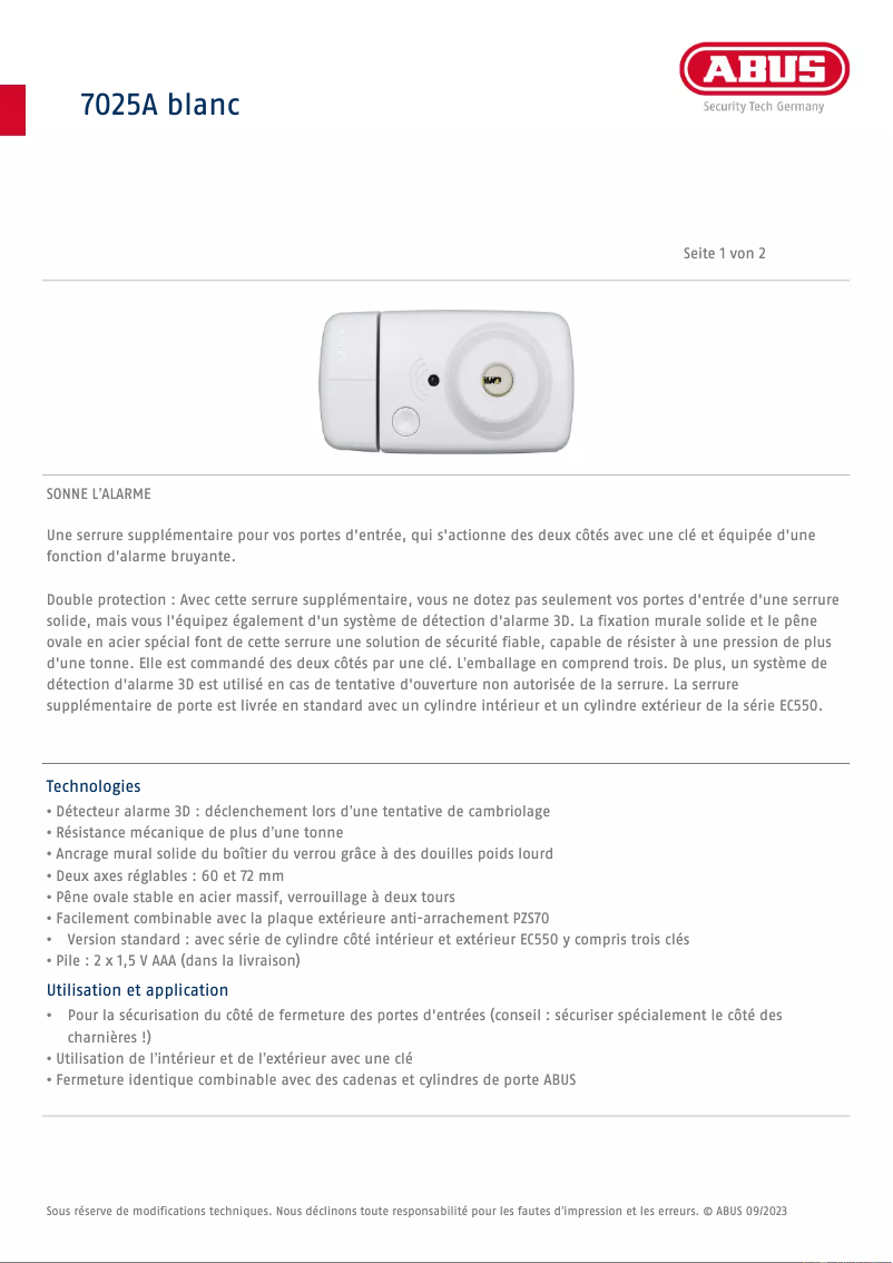 Page n°1 - Fiche technique Abus 7025A