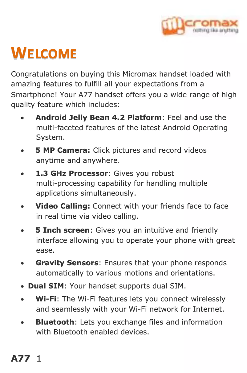 Page n°1 - Manuel utilisateur Micromax Canvas Juice A77