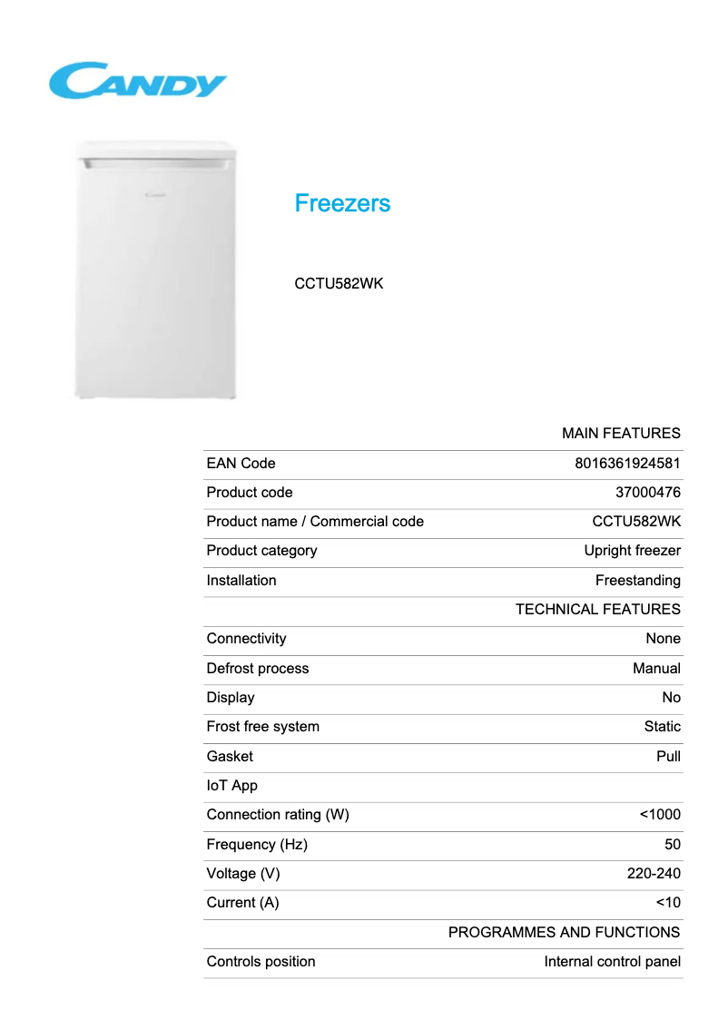 Page 1 de la notice Fiche technique Candy CCTU582WK