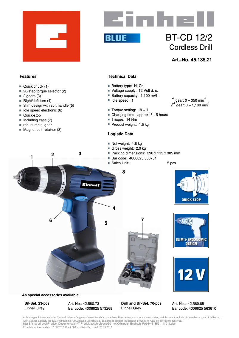 Page n°1 - Fiche technique Einhell BT-CD 12/2