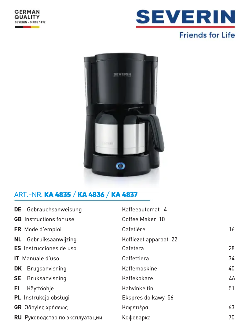 Page 1 de la notice Manuel utilisateur Severin KA 4837