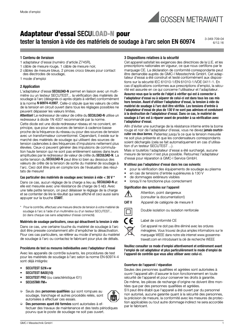 Page 1 de la notice Manuel utilisateur Gossen Metrawatt SECULOAD-N
