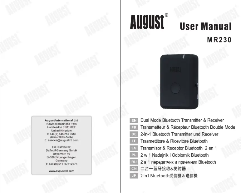 Page 1 de la notice Manuel utilisateur August MR230