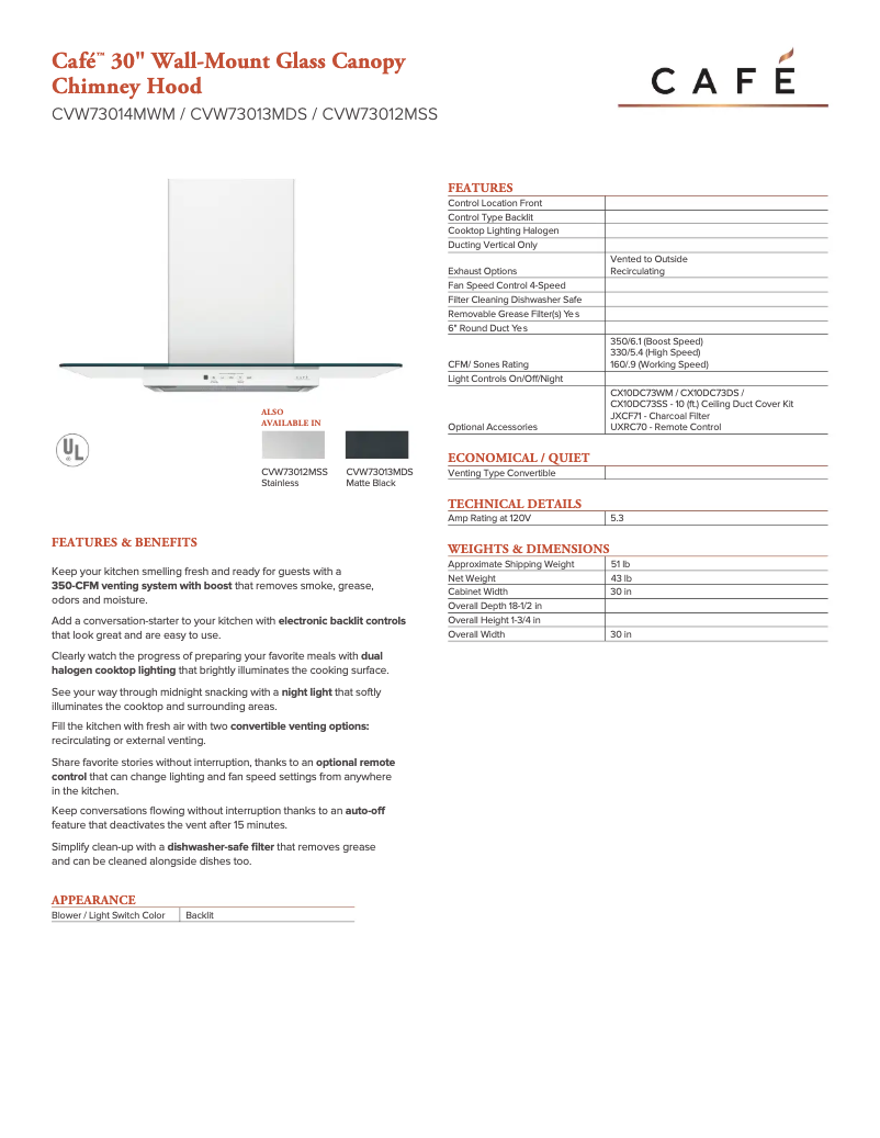 Page 1 de la notice Fiche technique GE CVW73012MSS