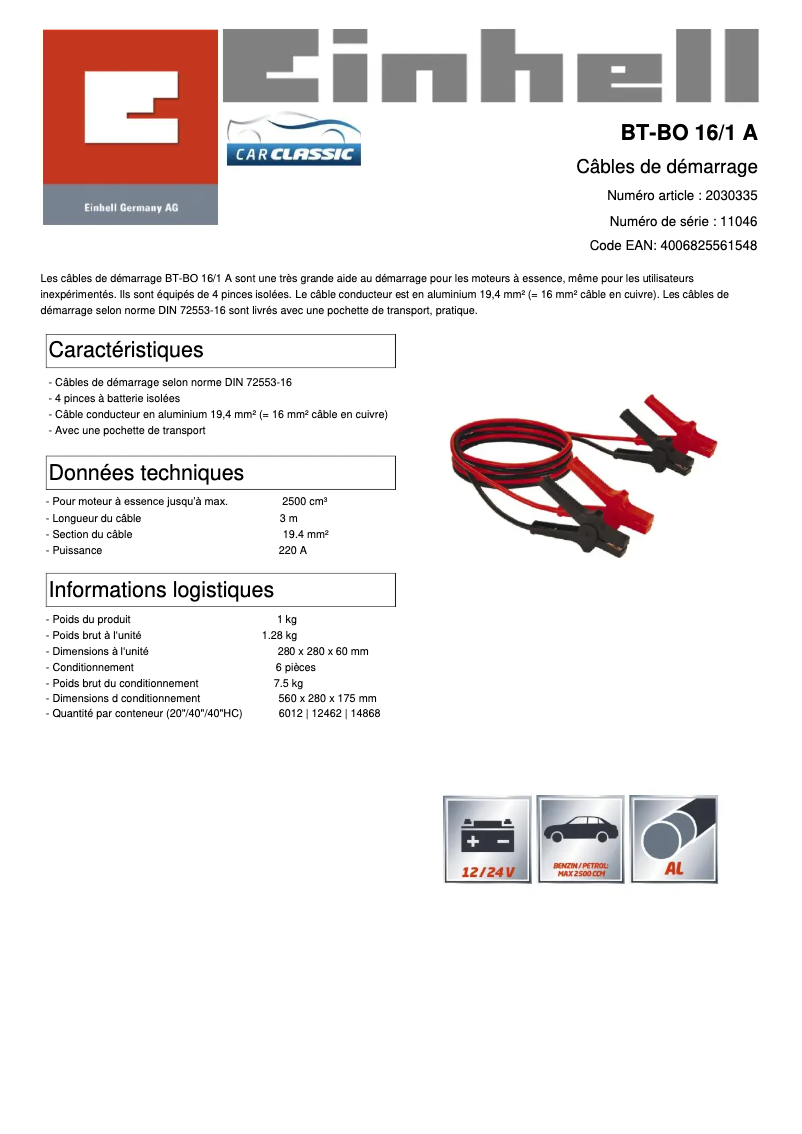 Page 1 de la notice Fiche technique Einhell BT-BO 16/1 A