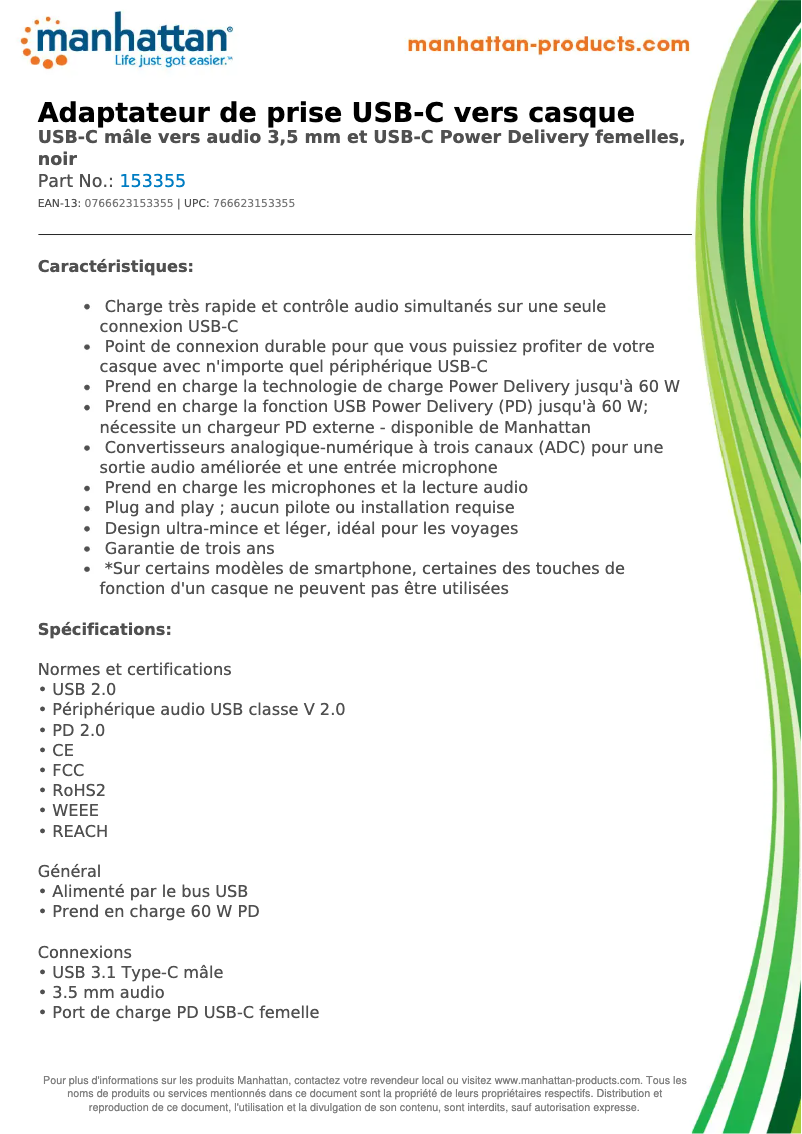 Page 1 de la notice Fiche technique Manhattan 153355
