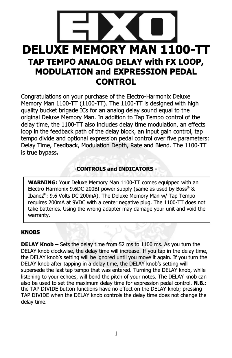 Page 1 de la notice Manuel utilisateur Electro Harmonix Deluxe Memory Man 1100-TT