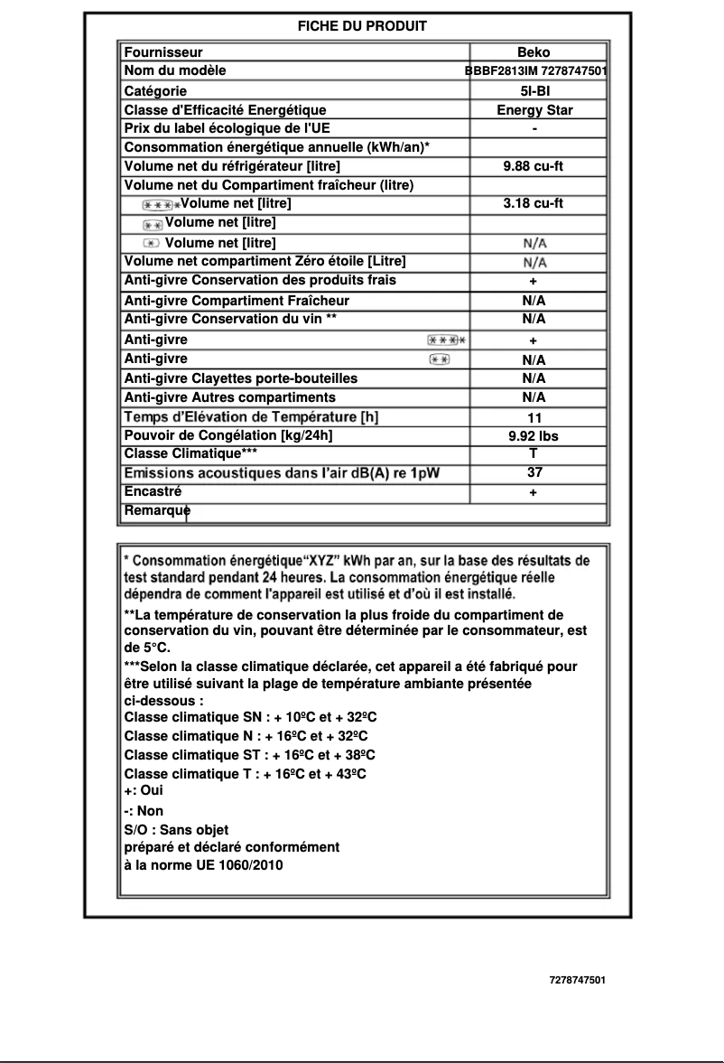 Page 1 de la notice Fiche technique Beko BBBF2813IM