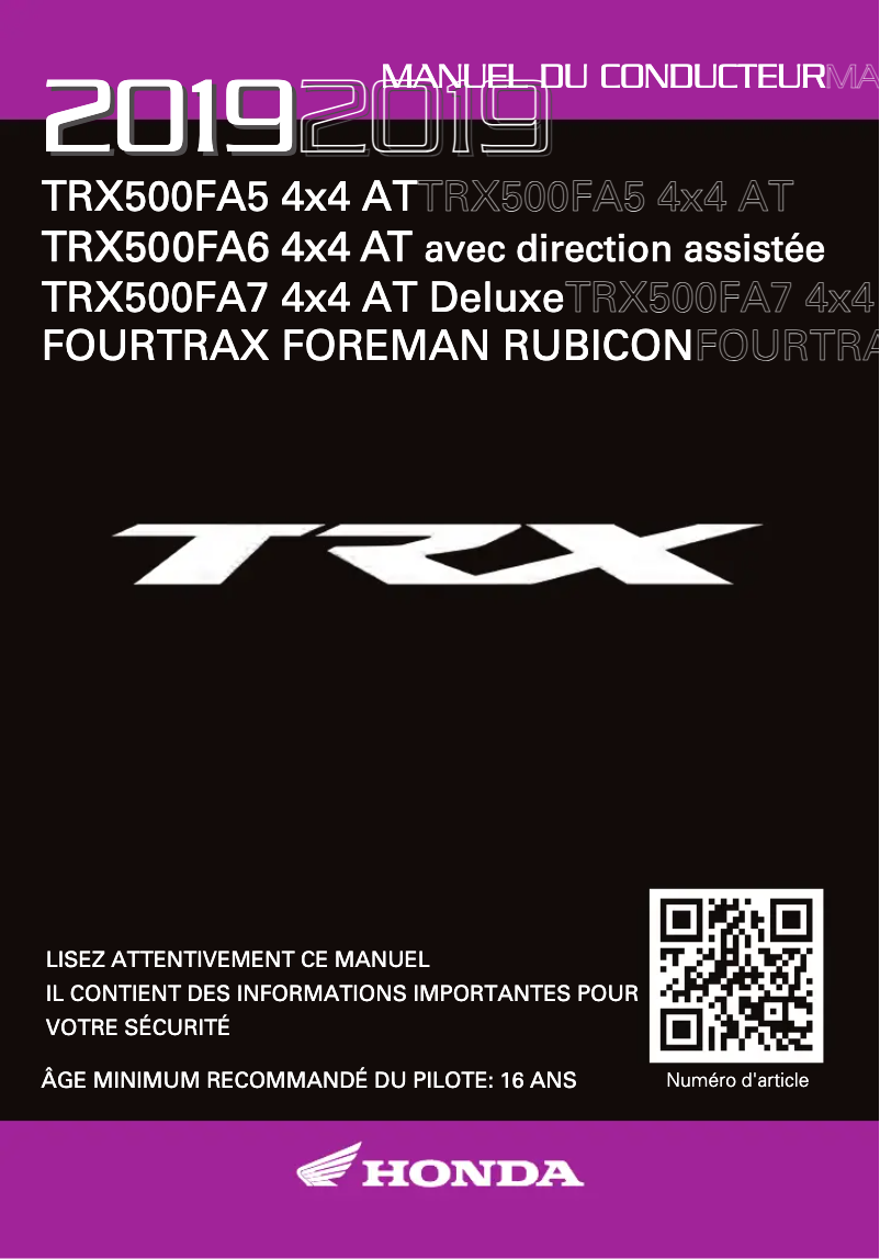 Page 1 de la notice Manuel utilisateur Honda FourTrax Foreman Rubicon TRX500FA5 (2019)