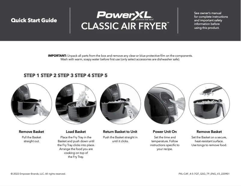 Page 1 de la notice Guide de démarrage rapide PowerXL Classic Air Fryer HF-196DT