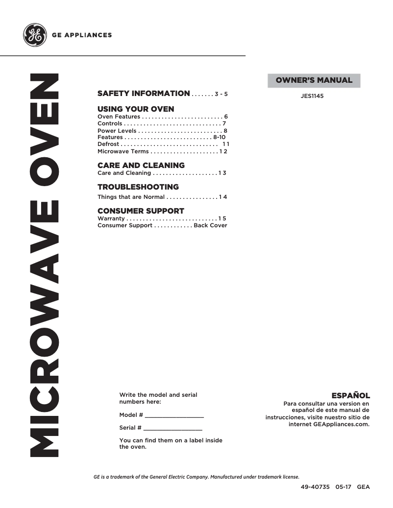 Page 1 de la notice Manuel utilisateur GE JES1145DLWW