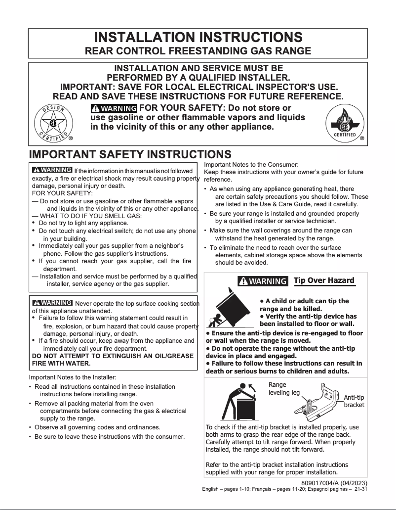 Page n°1 - Guide d'installation Frigidaire FCRG3062AW