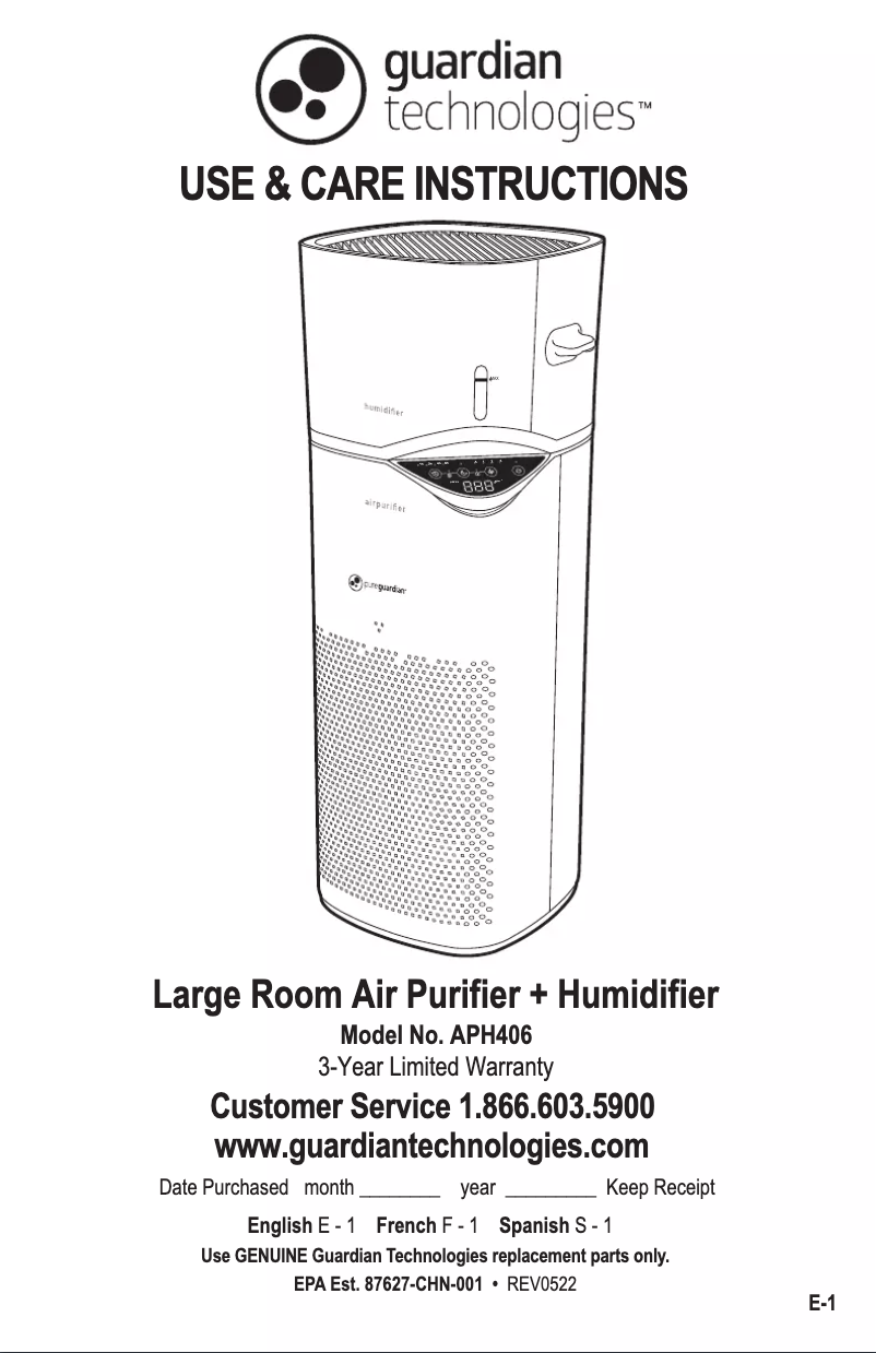 Page n°1 - Manuel utilisateur PureGuardian APH406W