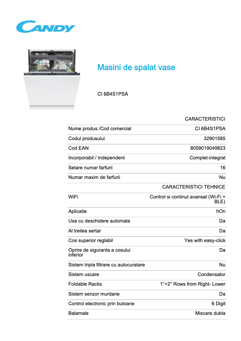 Page 1 de la notice Fiche technique Candy CI 6B4S1PSA