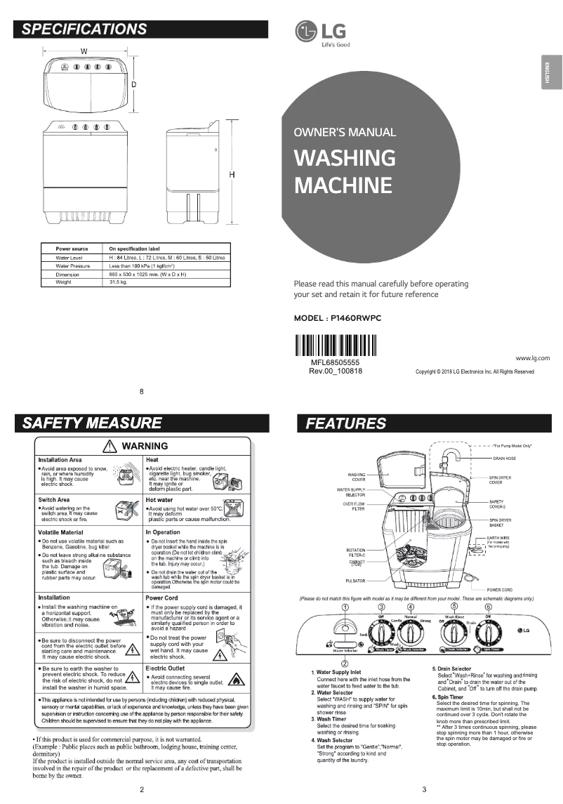 Page 1 de la notice Manuel utilisateur LG P1460RWPC
