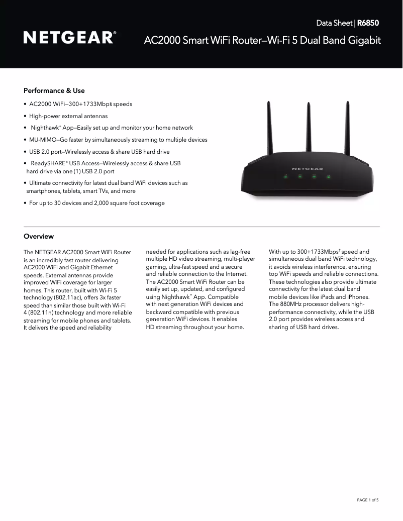 Page 1 de la notice Fiche technique Netgear R6850