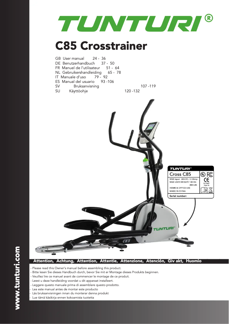 Page 1 de la notice Manuel utilisateur Tunturi Cross C85