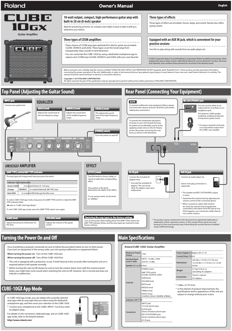 Page 1 de la notice Manuel utilisateur Boss CUBE-10GX