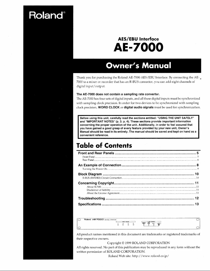 Page n°1 - Manuel utilisateur Roland AE-7000