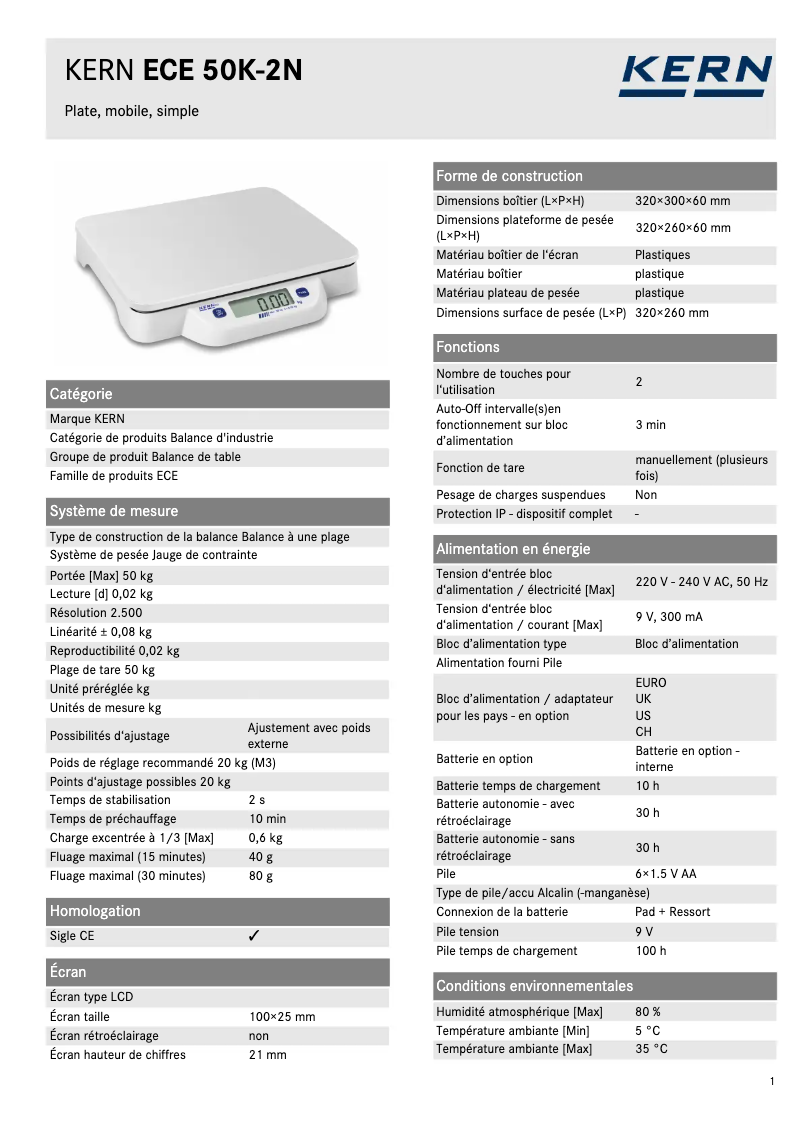 Page 1 de la notice Fiche technique Kern ECE 50K-2N