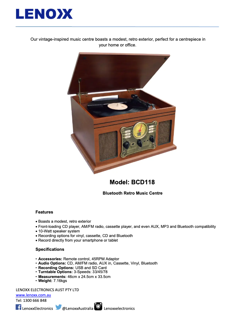 Page n°1 - Fiche technique Lenoxx BCD118