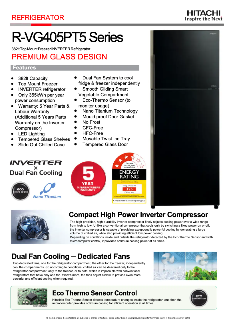 Page 1 de la notice Fiche technique Hitachi R-VG405PT5