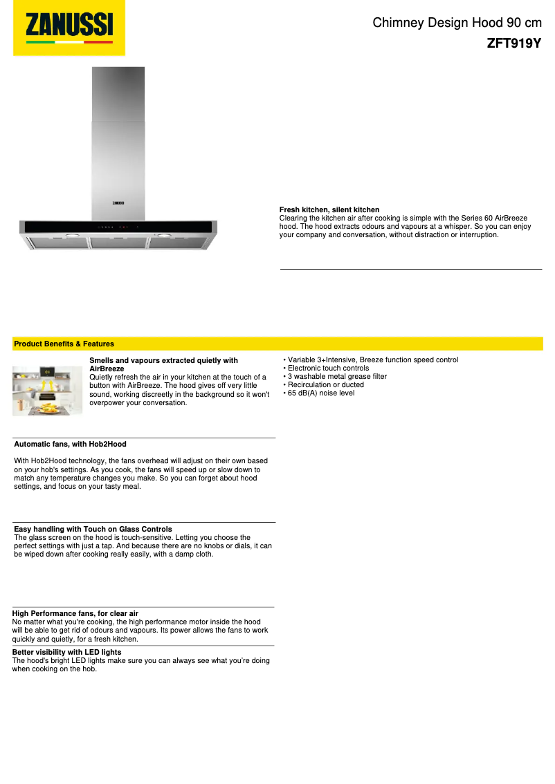 Page 1 de la notice Fiche technique Zanussi ZFT919Y