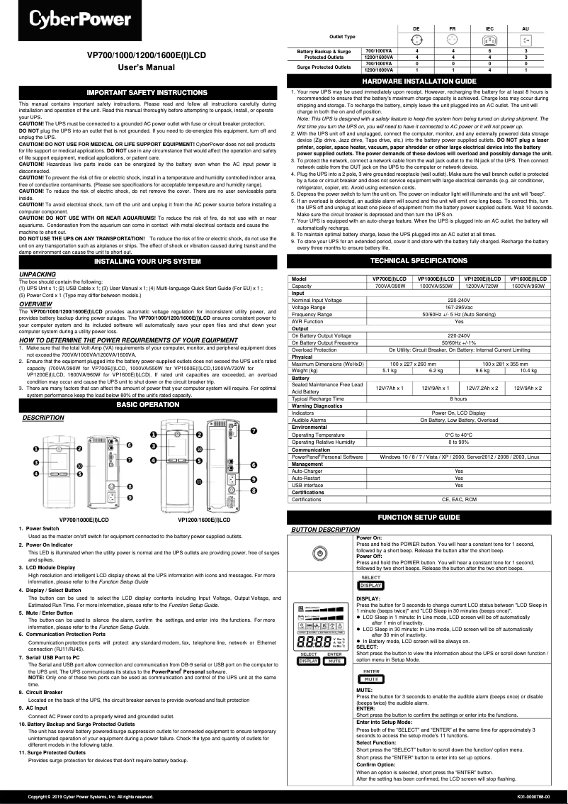 Page 1 de la notice Manuel utilisateur CyberPower VP1000EILCD