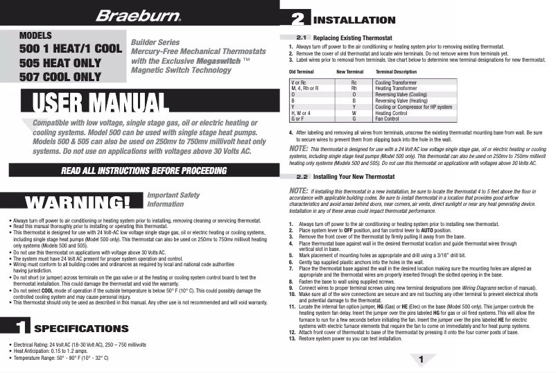 Page n°1 - Guide d'installation Braeburn 500