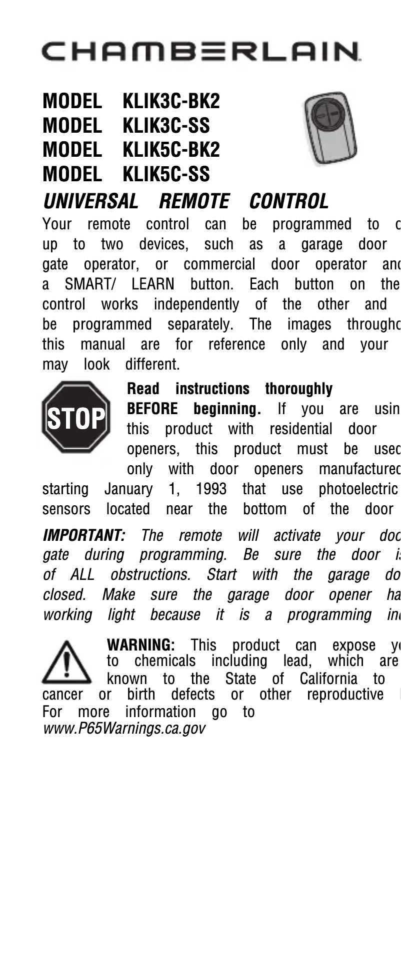 Page 1 de la notice Manuel utilisateur Chamberlain KLIK5C-SS