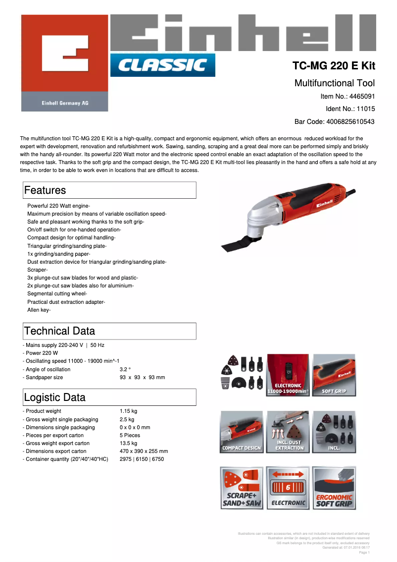 Page 1 de la notice Fiche technique Einhell TC-MG 220 E