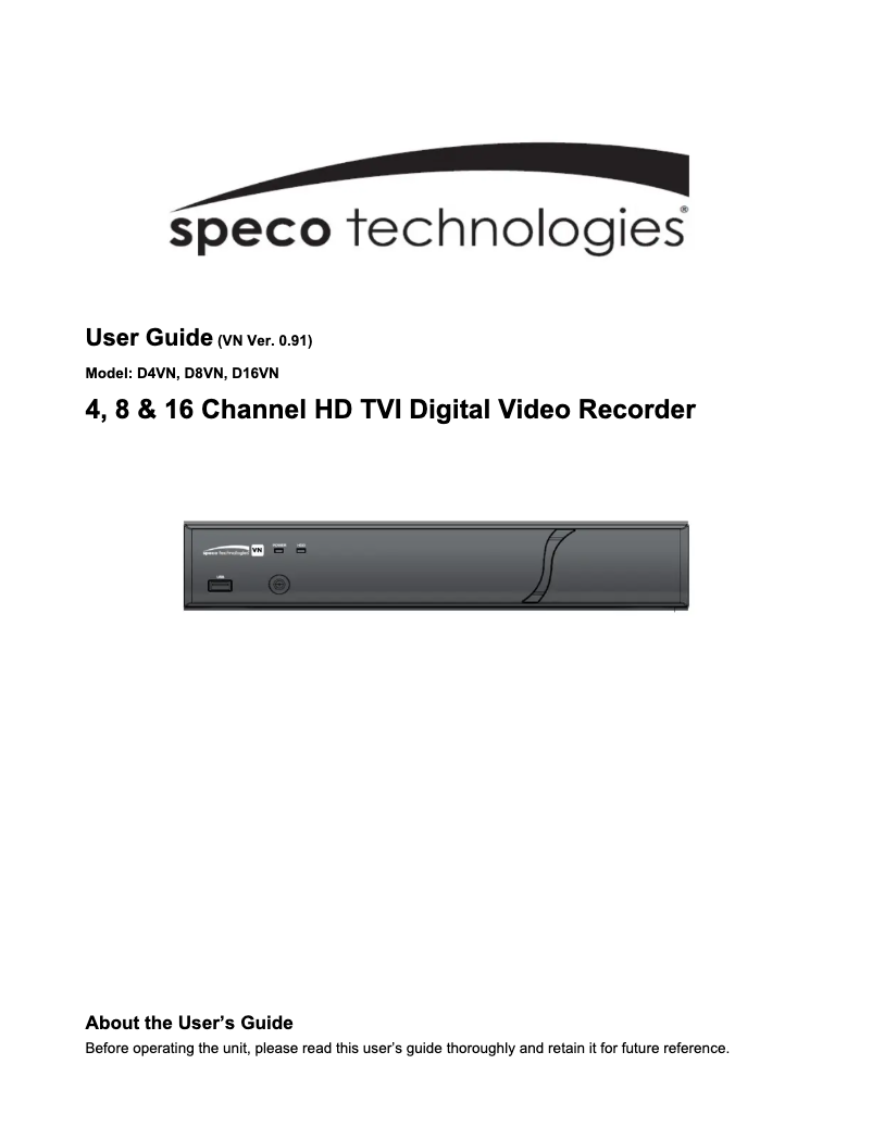 Page n°1 - Manuel utilisateur Speco Technologies D8VN