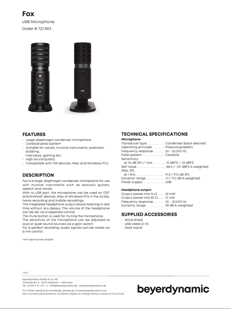 Page 1 de la notice Fiche technique Beyerdynamic TYGR 300 R