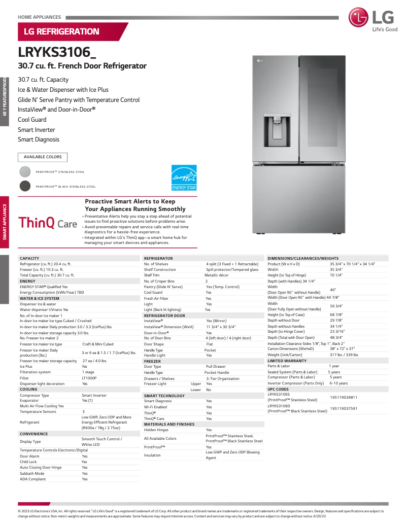 Page 1 de la notice Fiche technique LG LRYKS3106S