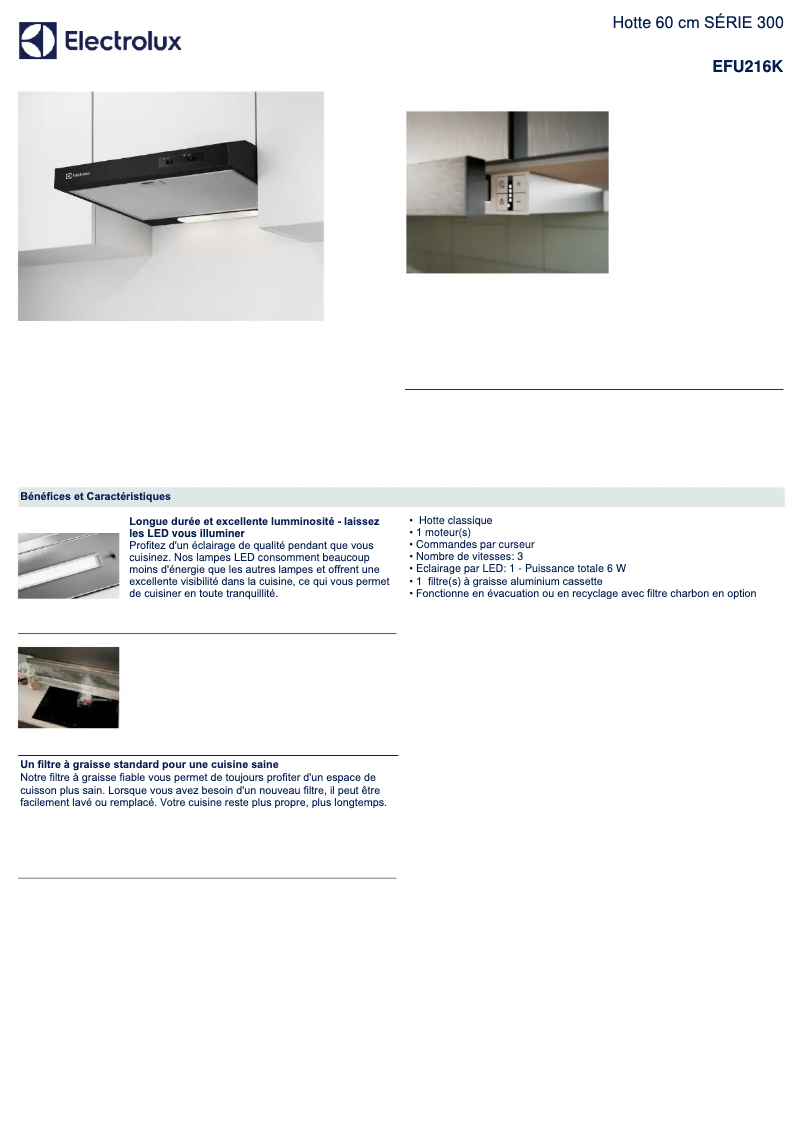 Page 1 de la notice Fiche technique Electrolux EFU216K