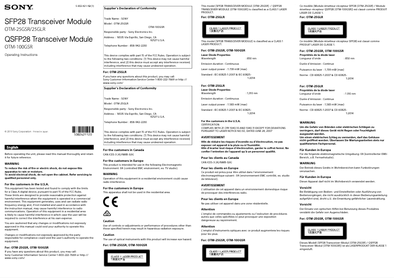 Página 1 del manual Manual de usuario Sony OTM-25GSR